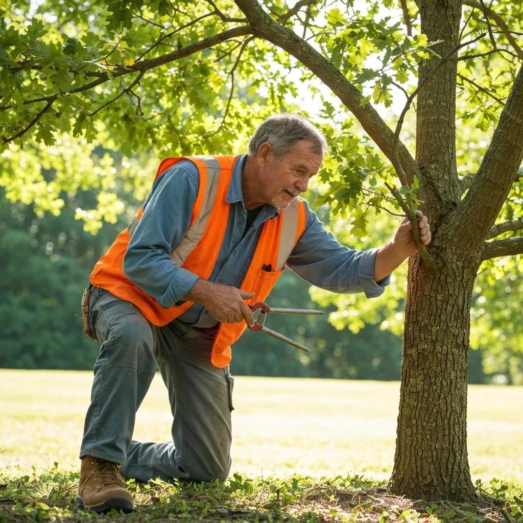 Certified arborist inspecting a tree, highlighting professional tree care expertise