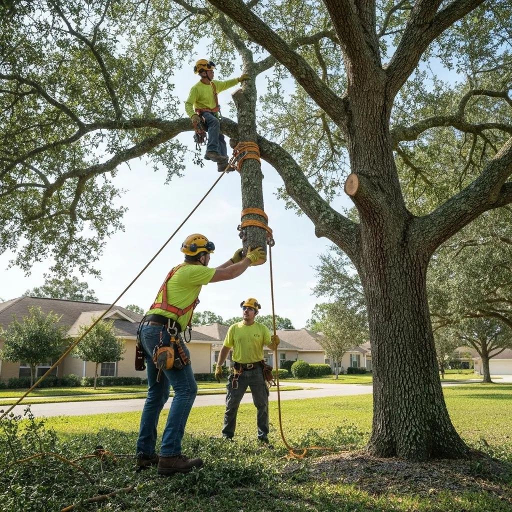 Emergency tree removal team working on a hazardous tree limb in a residential area