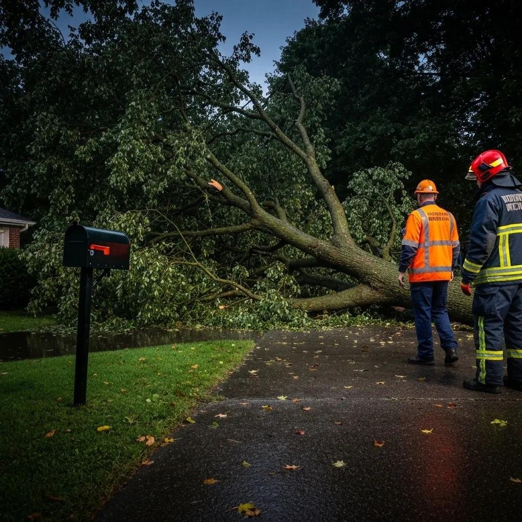 Fallen tree blocking a driveway after a storm, highlighting the need for emergency tree removal services