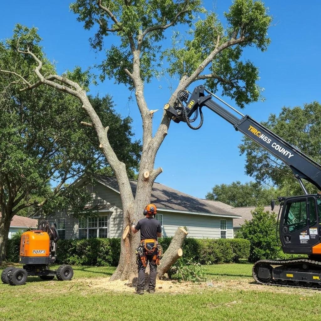 Professional arborist removing a tree safely in Volusia County, showcasing expertise and modern equipment