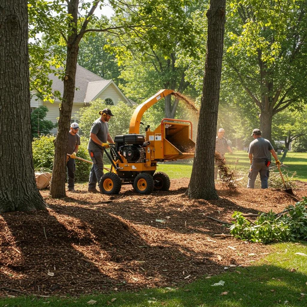 Professional team mulching trees in a residential yard in Volusia County