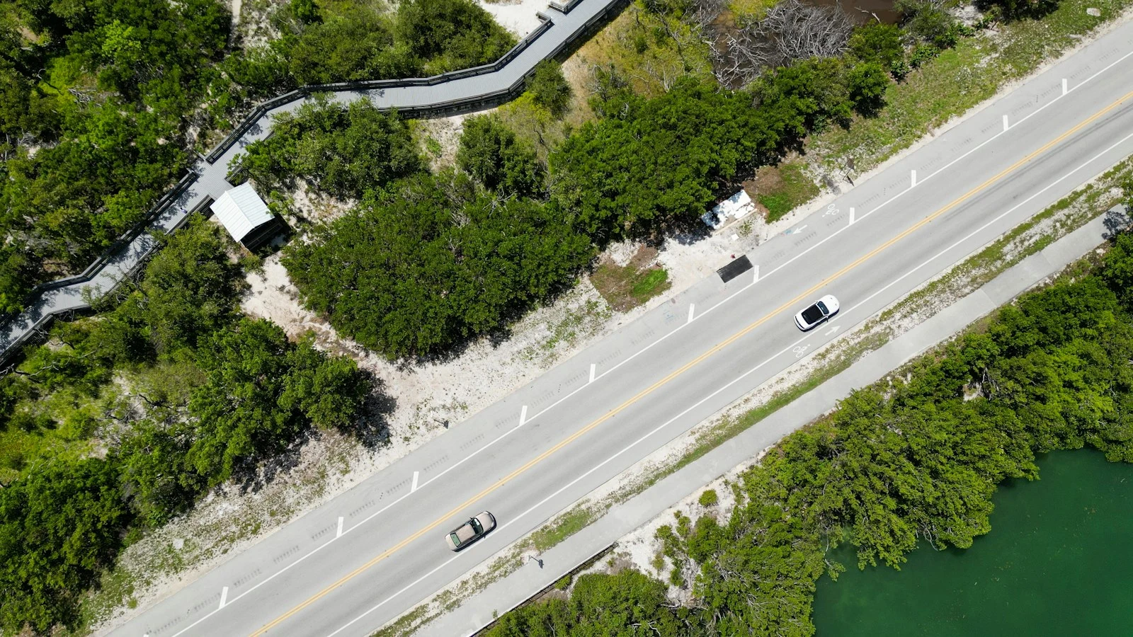 Aerial view of Edgewater road and river