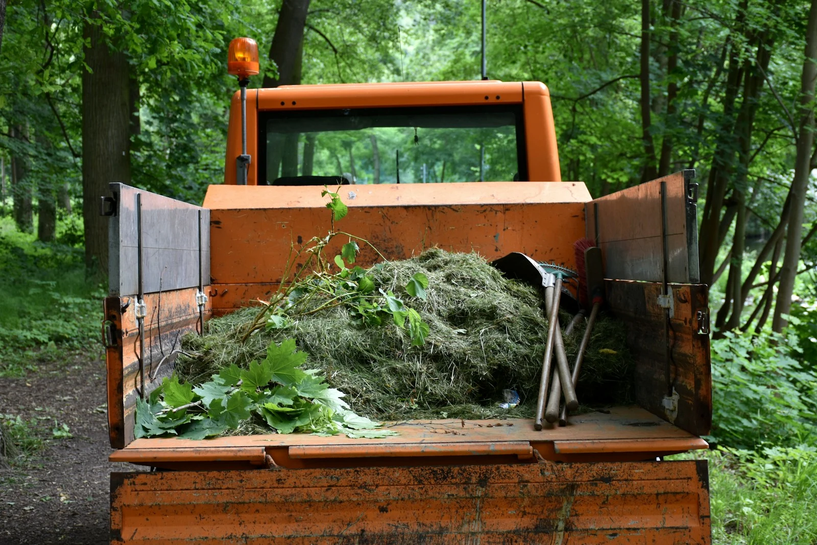 Orange utility truck carrying green garden waste in forest