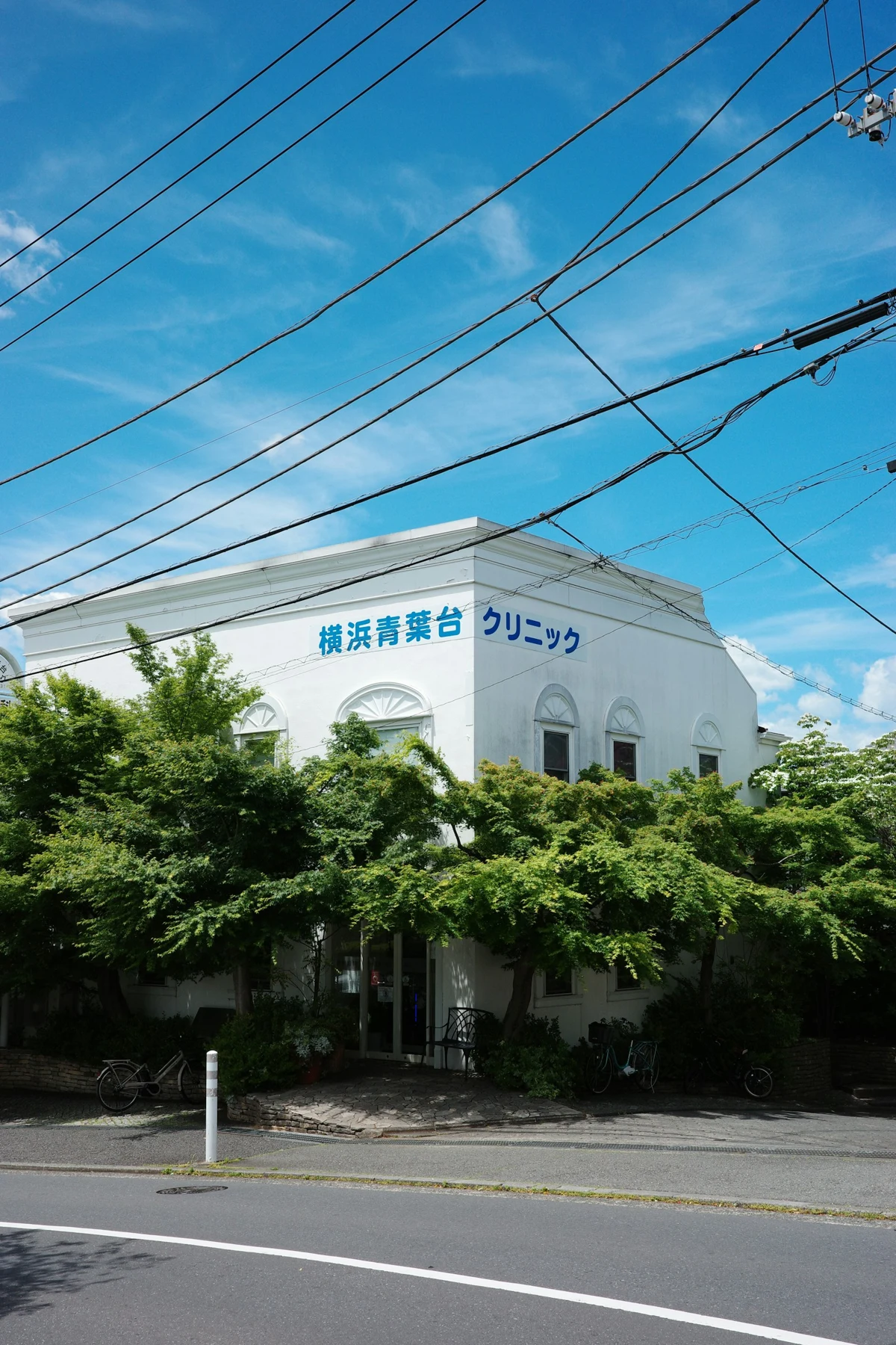 Clinic building with green trees and power lines