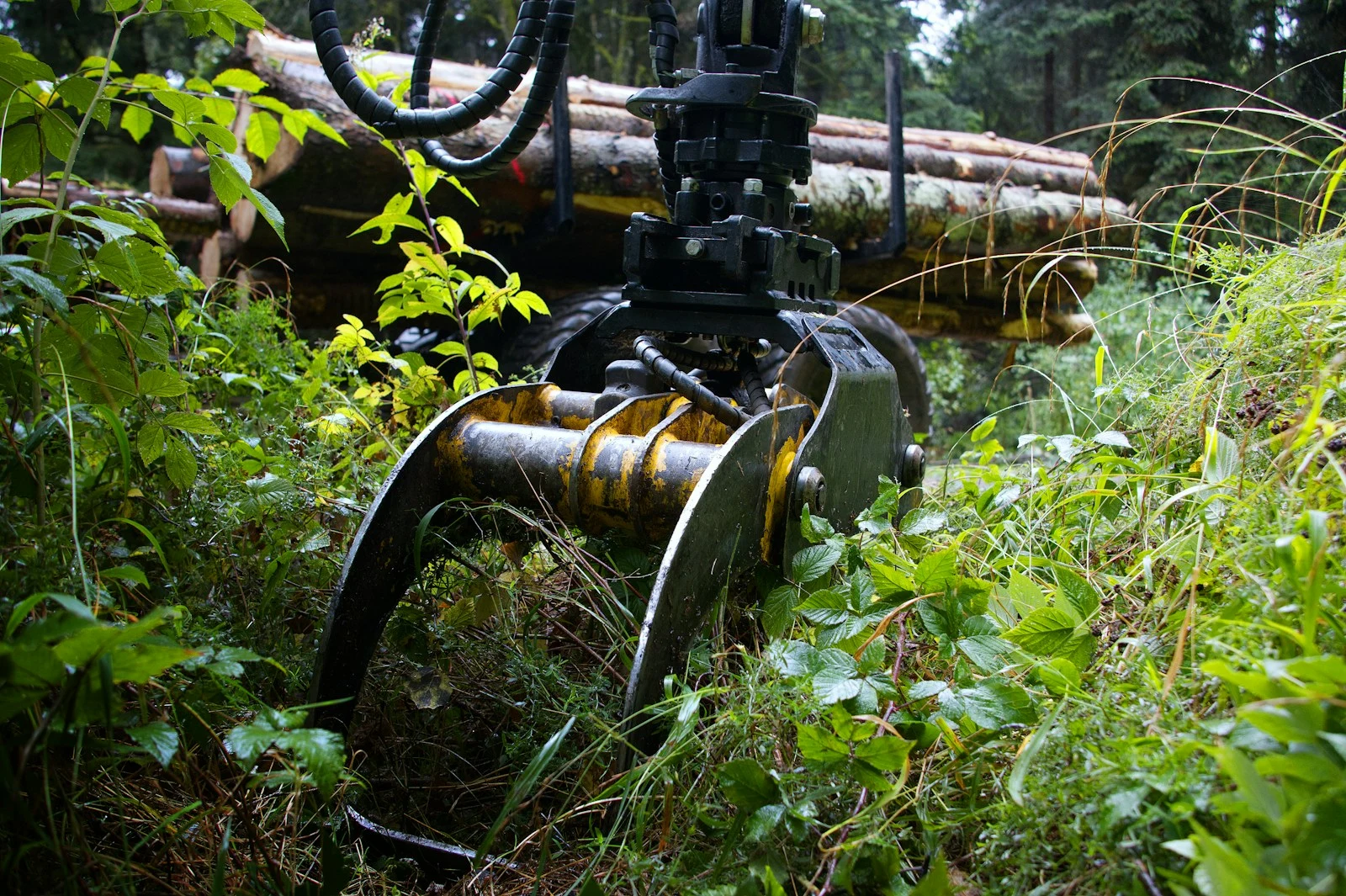 Grapple truck loading large logs and debris