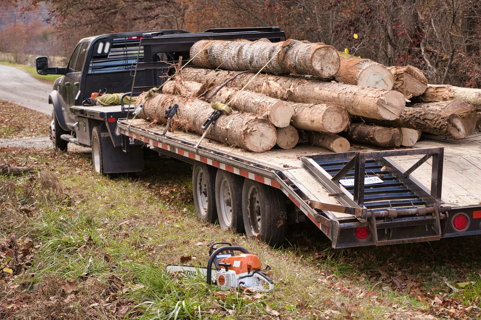 Truck hauling away tree debris and wood chips